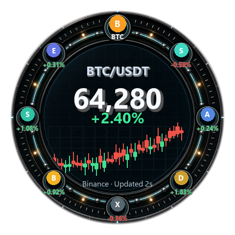 Market Compass widget with BTC price, candlesticks, and orbiting market pairs